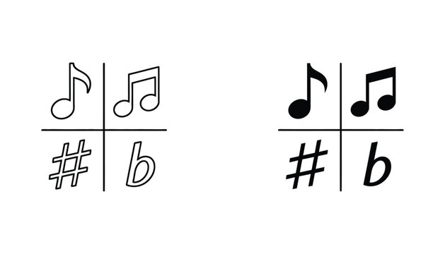 Musical notation symbols including notes and accidentals icon set in a four-paneled grid for music education and composition isolated on white background