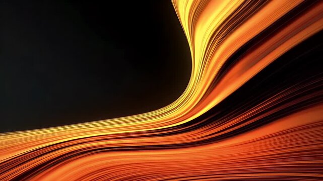 Abstract motion design with glowing orange lines moving in organic wave pattern through dark space creating dynamic composition of golden light trails for modern cinematic visual background.