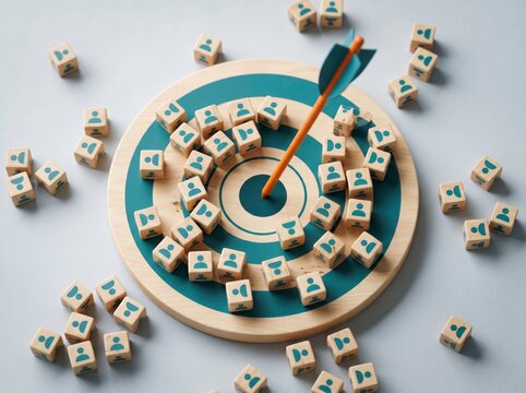Targeted Audience: A vibrant arrow strikes the bullseye of a target, encircled by scattered dice featuring people icons, symbolizing precision in reaching the ideal customer base.