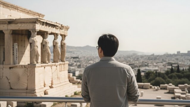 Travel - Asian Man Standing at Acropolis Overlooking Athens Cityscape with Erechtheion Caryatid Porch