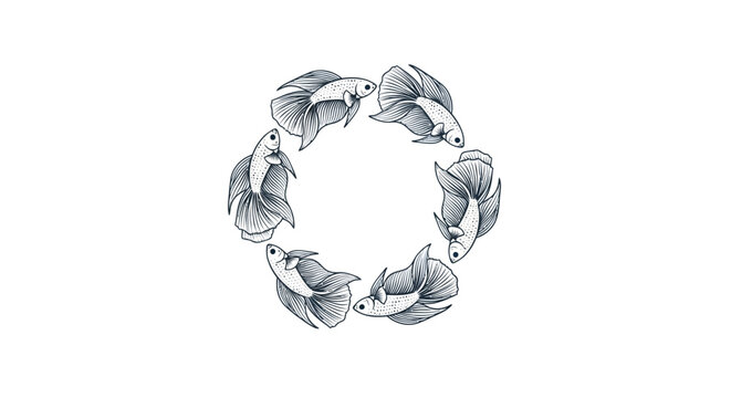 Circle of Siamese Fighting Fish Illustration, Betta Fish Wreath Design