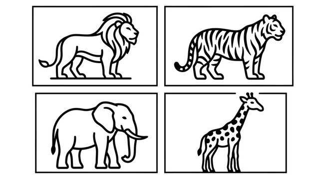 Wildlife animals linear drawings illustration