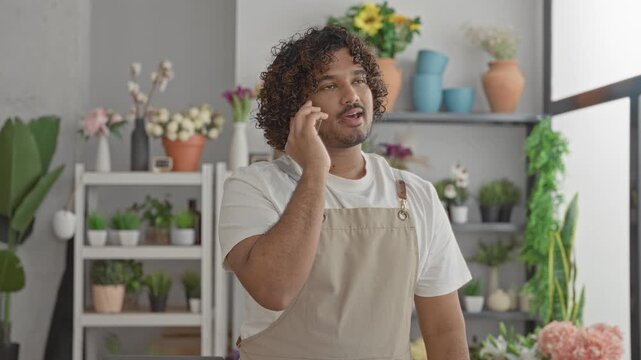 Man florist in apron holding smartphone to ear and gesturing with hand amid potted plants, shelves of vases and flowers in a studio; friendly service.
