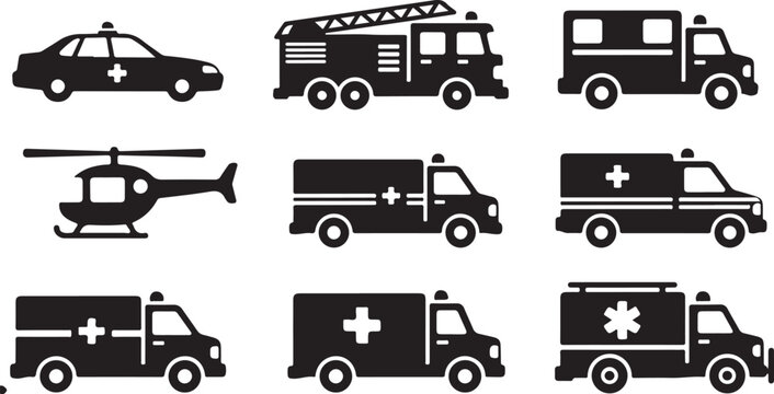 Flat Emergency Vehicle Icons Collection Bold Black Shapes on White Background