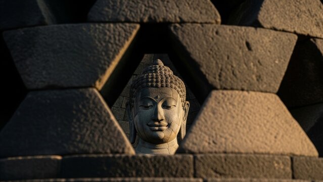 Religion - Ancient Buddha Stone Statue Face Framed by Diamond Shaped Stupa Opening at Borobudur Temple