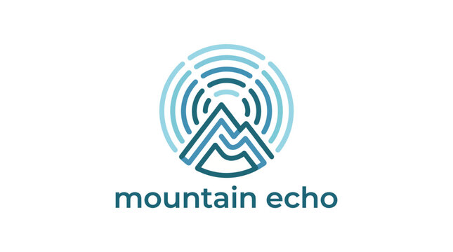 The Mountain Echo logo is a seamless blend of mountain silhouettes and echo waves, symbolizing nature, tranquility, and connection in a harmonious design representing exploration.