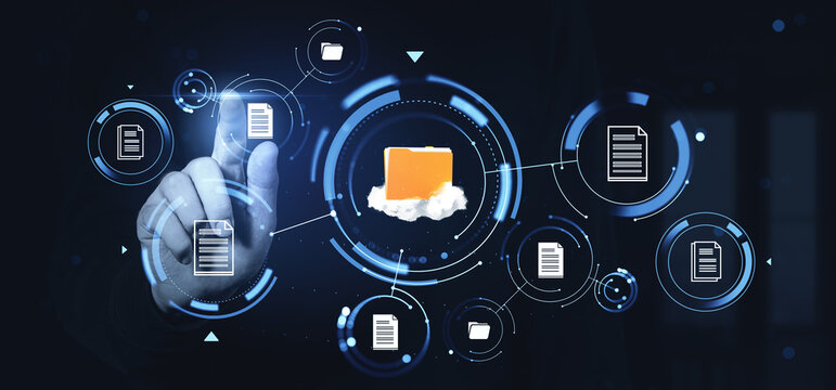 Digital document management interface with hand interacting with floating file icons and futuristic hologram elements on dark background.