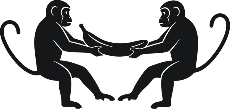 Two monkeys fighting over banana vector illustration simple black and white isolated on white.