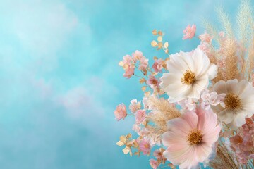 Fototapeta premium Delicate floral arrangement with soft pink and white blooms against a blue sky