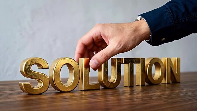 Hand arranging golden solution letters symbolizing corporate growth and leadership