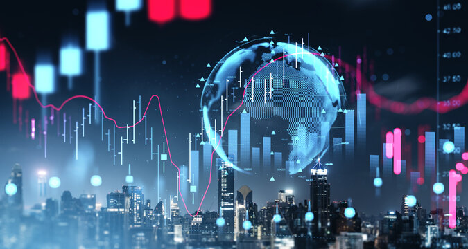 Global financial market concept with glowing forex charts, digital globe and city skyline merged in futuristic style illustrating economic trends.