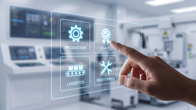 Smart factory digital touchscreen interface for managing production quality logistics and maintenance operations in modern industrial manufacturing and automation environment