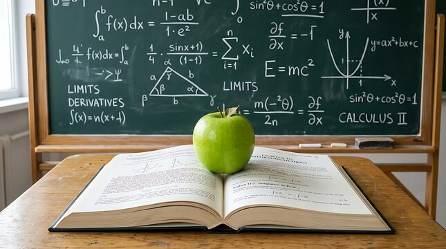 Green apple rests on an open textbook in front of a chalkboard covered in complex mathematical formulas.