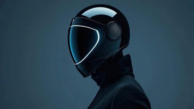 Futuristic motorcycle helmet with illuminated visor and sleek black suit mysterious stylish mood