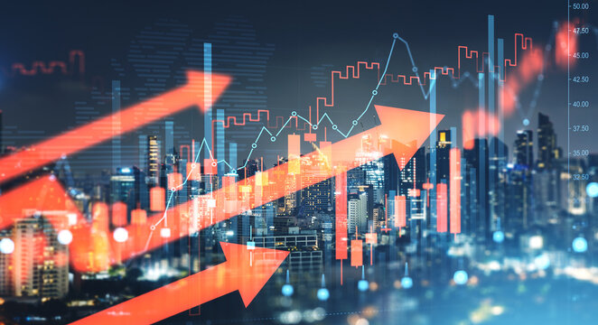 Financial market growth arrows and rising charts over illuminated city skyline showing upward trend concept in modern urban economy.
