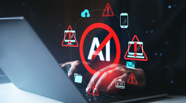 Hands typing on laptop with digital red AI ban symbol and warning icons floating around representing technology protest concept scene.