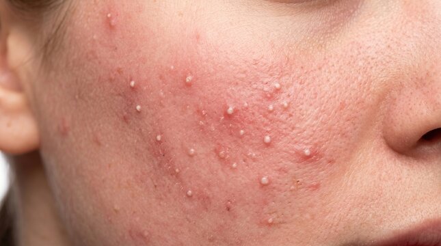 Inflammatory acne with multiple whiteheads and pustules on facial skin