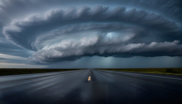Huge spiraling dark cloudscape and stormy weather atmosphere over a wet road for a Hurricane Season Concept, depicting extreme natural disaster and climate change threat