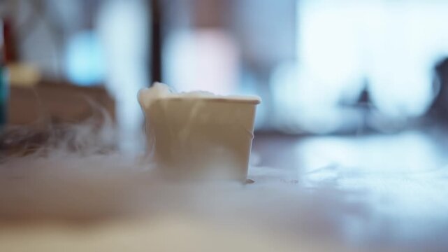 Close-up cinematic shot of liquid nitrogen creating dense fog and smoke as it reacts with water. Dramatic vapor effect often used in science experiments, food presentation, and visual effects.