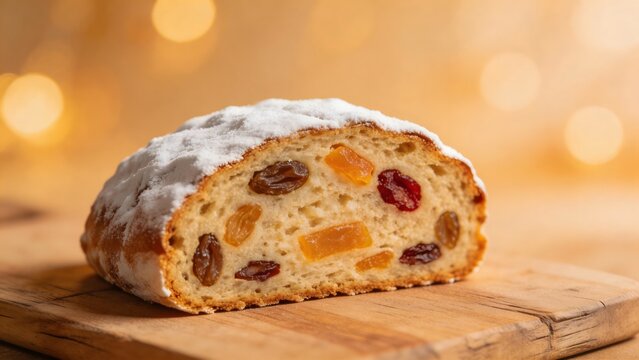 Sliced fruit bread on wooden board