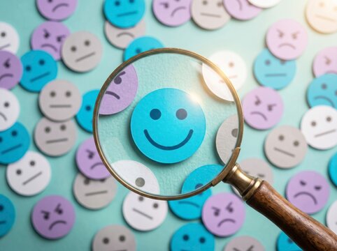 Smiling Expression Focus: A magnifying glass highlights a smiling face amidst a multitude of diverse emotional expressions, suggesting a focus on positivity and mental wellness. 