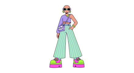 Fototapeta premium A woman wearing sunglasses poses confidently in stylish green pants and purple top outdoors.
