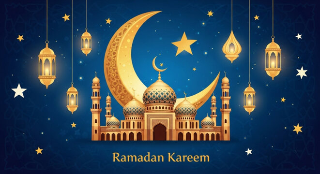 Ramadan Kareem mosque illustration with crescent moon and lanterns Islamic celebration background for Muslim holiday greetings and cultural events