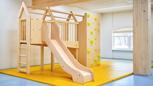 Indoor wooden playground set with slide and climbing wall in bright room