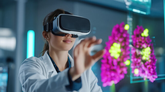 Female scientist using virtual reality for molecular research in laboratory