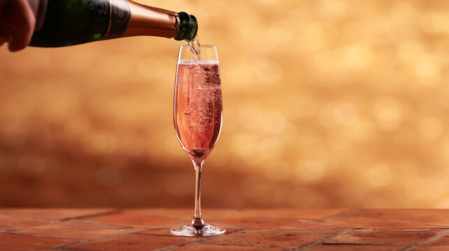 Pouring sparkling ros&eacute; champagne into flute on warm bokeh background