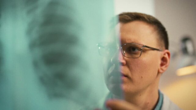 Examining the patient's lungs, a doctor studies a detailed x-ray in a clinical setting, using medical expertise to spot abnormalities and ensure accurate diagnosis for timely treatment