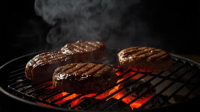 Grilled beef burger patties on charcoal grill with smoky sear marks and glowing coals