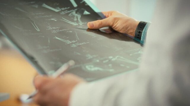 In hospital radiology department, doctor carefully examines large MRI film displaying multiple images of an injury from various angles, aiming to plan a surgical procedure to correct a bone alignment