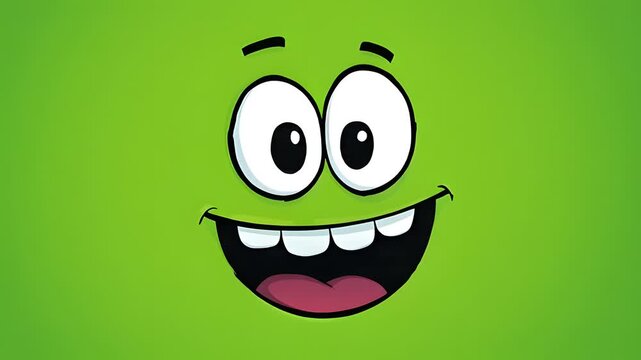 Cheerful cartoon face with wide eyes on green background