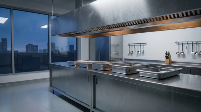 Empty stainless steel commercial kitchen with baking trays at dusk