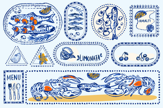 Italian summer postcard design with lemon pattern, vintage postage stamp frame, and Mediterranean seafood illustrations in watercolor crayon style