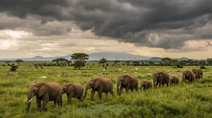 Obraz premium Herd of Elephants Walking Across African Savannah Under Stormy Sky