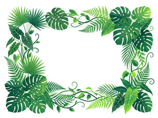 Lush Tropical Foliage Frame with Monstera and Palm Leaves, Exotic Jungle Botanical Border on White Background with Copy Space © yunita
