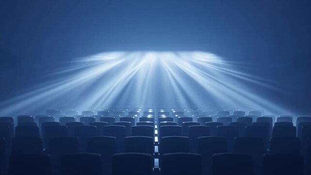 Tracking shot of empty theater seats with stage spotlights sweeping forward across auditorium through blue haze and dramatic beams