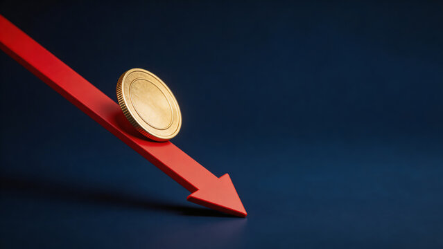 Gold coin decline on red arrow indicating economic downturn