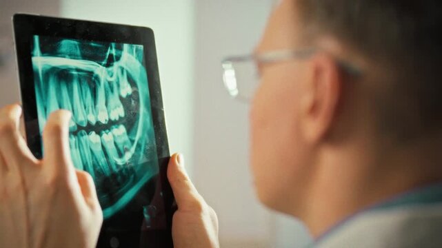In a dental office, a dentist reviews a panoramic image of teeth on a tablet, analyzing the jaw and mapping out treatment. This digital workflow highlights precision and modern dental technology