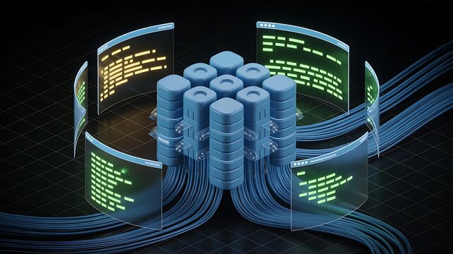 Conceptual container registry hub for enterprise DevOps and cloud-native application deployment. AI-generated visual of automated data storage and management. 