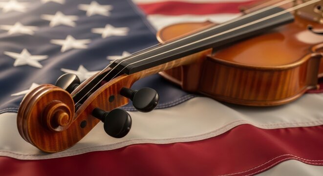 Close-up of antique violin resting on American flag for patriotic memorial or music theme
