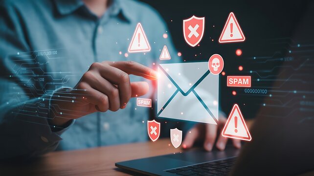 Email security threat and spam warning concept. Person click email with red warning icons and envelope representing email threats, phishing, spam alerts, cybersecurity risk in digital communication  