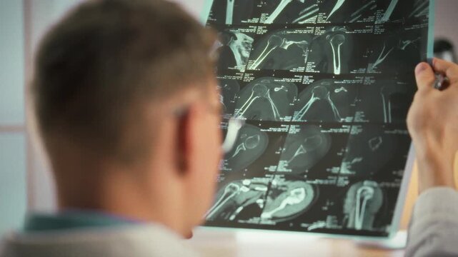 In a radiology suite, a young doctor reviews MRI scans of a humerus fracture, using medical imaging to pinpoint injury details and formulate an accurate diagnosis for optimal treatment planning