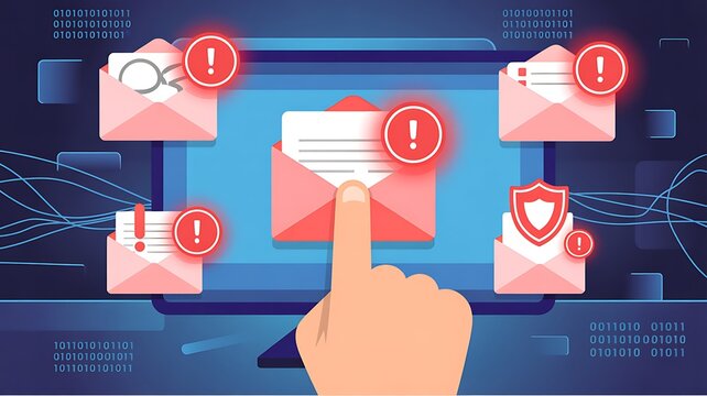 Email security threat and spam warning concept. Person click email with red warning icons and envelope representing email threats, phishing, spam alerts, cybersecurity risk in digital communication  