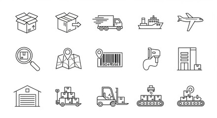 Fototapeta premium Logistics and delivery icons including boxes trucks ships planes maps and warehouses for transportation and supply chain concepts flat vector illustration
