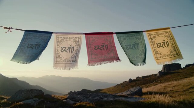 Buddhist prayer flags hanging on a string against a mountainous landscape at sunrise