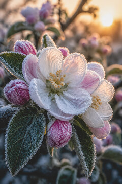 A delicate apple blossom edged with sparkling frost glows in the early morning light, conveying spring renewal, agricultural vulnerability, seasonal beauty, and climate awareness.