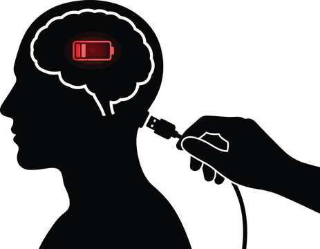 Illustration of human head silhouette with brain battery icon being charged by usb cable editable vector silhouette